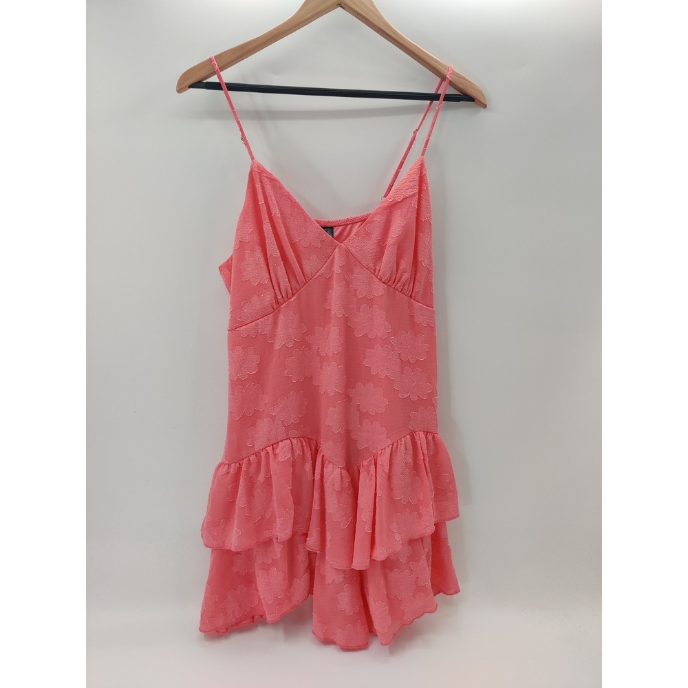 Wild Fable Coral‎ Pink Floral Jacquard Tiered Ruffle Mini Dress Womens Large L